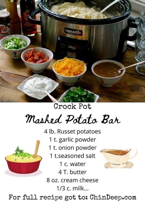 Mashed Potato Bar, Crockpot Mashed Potatoes, Potato Bar, Mashed Potato, Bars Recipes, Slow Cooker Recipes, Crock Pot, Crockpot Recipes, Pot Recipes