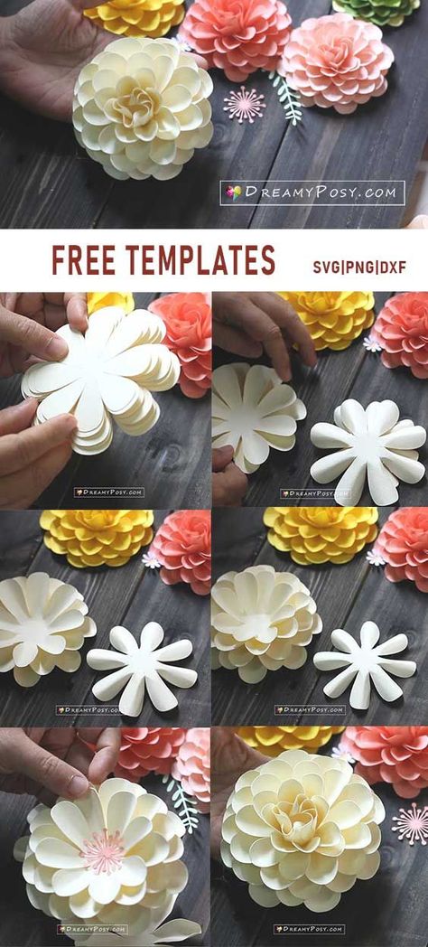 Diy Paper Flowers Easy Step By Step, Cricket Flowers, Free Paper Flower Templates, Paper Dahlia, Paper Flower Patterns, Easy Paper Flowers, Paper Flower Crafts, Paper Flower Template, How To Make Paper Flowers