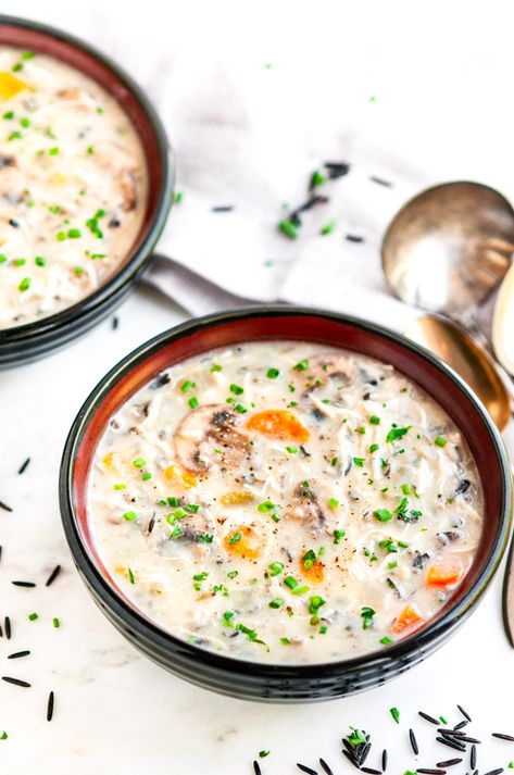 Slow Cooker Chicken Mushroom Wild Rice Soup - Super creamy, cozy soup made right in the slow cooker. This easy, simple soup is loaded with veggies, chicken, and wild rice! From aberdeenskitchen.com. #slowcooker #crockpot #chicken #mushroom #wildrice #soup #creamy #easy #simple #autumn #winter #recipe Chicken Mushroom Wild Rice Soup, Mushroom Rice Soup, Chicken Mushroom Wild Rice, Chicken With Mushroom Soup, Slow Cooker Chicken Mushroom, Wild Rice Soup Slow Cooker, Mushroom Wild Rice Soup, Chicken Mushroom Rice, Mushroom Wild Rice