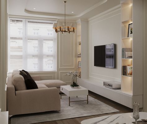 Neoclassical Interior Small Apartment, Small American Classic House, Neo Classical Apartment, American Classic House Interior, American Classic Living Room, Neoclassical Interior Living Rooms, Living Room Neoclassic, Classicism Interior, Neoclassic Living Room