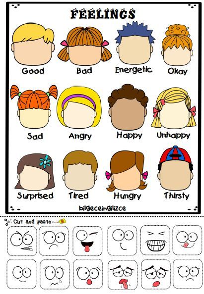 Simply cut out the faces at the bottom of the sheet and paste it onto the right feeling above. It's a super fun exercise to practice words of feelings with your students. English Lessons For Preschoolers, Feeling Activities For Kids, English Crafts For Kids Teaching, Preschool Feelings Activities, Learn English For Kids Teaching Ideas, Emotion Activities For Kids, Preschool English Activities, English For Preschool, Feeling For Kids