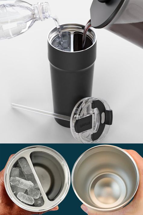 A vacuum-insulated, stainless steel travel tumbler with dual chambers so you can carry hot and cold drink with you at the same time. 🧊☕️ Travel Tumbler, Cold Drink, Ceramic Cups, Pyrex, Kitchen Gadgets, Cold Drinks, Water Bottle, Tumbler, Bowl