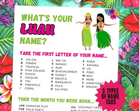 What's Your Luau Name Game, SIGN + NAME TAGS, Hawaiian Party Game, Summer Tropical Holiday, Tiki, Birthday, Icebreaker Party Printable Games Luau Party Games For Kids, Kids Games Indoor, Hawaiian Party Games, Bookmarks Coloring, Printable Products, Icebreaker Games, Games Indoor, Birthday Party Games For Kids, Party Games For Kids