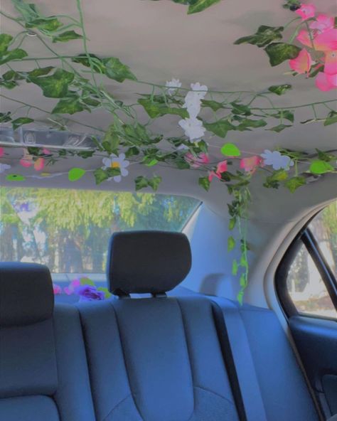 Fake Flower Car Ceiling, Maximalist Car Decor, Flower Car Roof, Sage Green Car Decor, Vines In Car, Cottagecore Car Decor, Car Ceiling Decoration, Car Makeover, Car Interior Diy