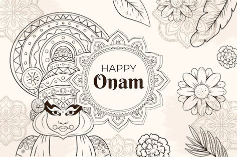 Hand drawn background for onam festival ... | Free Vector #Freepik #freevector #happy-onam #onam-festival #pookalam #onam Onam Poster Drawing, Happy Onam Drawing, Onam Festival Drawing, Onam Drawing, Onam Decor, Onam Wishes In Malayalam, Onam Pictures, Onam Photos, Onam Greetings