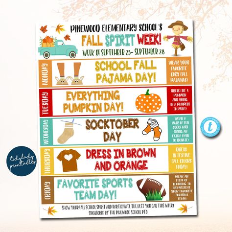 "This cute and fun daily/weekly fall spirit week itinerary calendar is a great way for kids to show their positive autumn cheer during the fall season! You can print and send home with families and/or upload digitally to send out to families/students. WANT THE BUNDLED SET OF ALL 10 HOLIDAY/SEASONAL SPIRIT WEEK TEMPLATES? FIND IT HERE: https://www.etsy.com/listing/1514818447/school-spirit-week-bundle-set-seasonal?click_key=16c9a6bd95f1b74d7898af7b6fca5ba5bc6f6cc4%3A1514818447&click_sum=ed9f59a1&r Dress Up Days For School Spirit Weeks, Dress Up Days For School, Fall Spirit Week, Spirit Weeks, Dress Up Days, School Spirit Week, Planning School, Spirit Days, Wednesday Dress