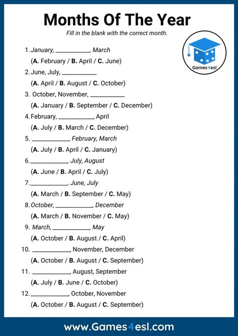 Months Of The Year Quiz (With Free PDF) | Games4esl Esl Months Of The Year, Months Of The Year Game, Month Of The Year Activities, Month Of The Year Worksheet, Learning Months Of The Year, Months Of The Year Activities, Month Worksheet, Months In English, Name Of Months