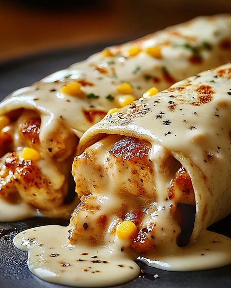 🌯 Cheesy Chicken Tortilla Wraps 🧀 📢 ""A Cheesy Delight for Family Nights - Quick, Satisfying, and Oh-So Delicious!"" 🍽️ Ingredients 🍽️ - 1 teaspoon Italian seasoning - 2 tablespoons olive oil - 2 large boneless, skinless chicken breasts, diced - 1 teaspoon onion powder - 1 teaspoon garlic powder - Salt and freshly ground black pepper, to taste - 1 1/2 cups shredded mozzarella cheese - 1/2 cup shredded cheddar cheese (for garnish) - 4 large tortillas For the Creamy Cheese Sauce: - 2 tablesp... Yummy Cheesy Food, Ground Chicken Breast Recipes, Chicken Tortilla Wraps, Chicken Tortilla Bake, Creamy Chicken Enchiladas Recipe, Creamy Cheese Sauce, Creamy Chicken Enchiladas, Shredded Cheddar Cheese, Savory Food