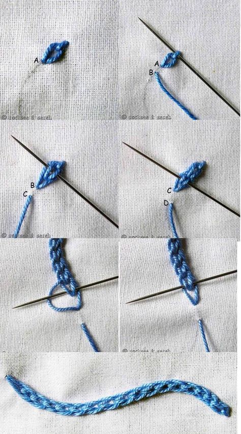 braided chain stitch Sew Ins, Sulaman Pita, Projek Menjahit, Embroidery Stitches Beginner, French Knot Embroidery, Diy Broderie, Basic Embroidery Stitches, Embroidery Stitches Tutorial, Pola Sulam