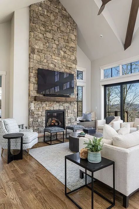 92 Stone Fireplaces For Ultimate Coziness - DigsDigs Stone On Fireplace Wall, Stone Fireplace With Cathedral Ceiling, Great Room With Stone Fireplace, Living Room Stone Fireplace Ideas, Great Room Stone Fireplace, Living Room Designs With Stone Fireplace, Tall Rock Fireplace Wall High Ceilings, Real Stone Fireplace, Tv Mounted On Stone Fireplace