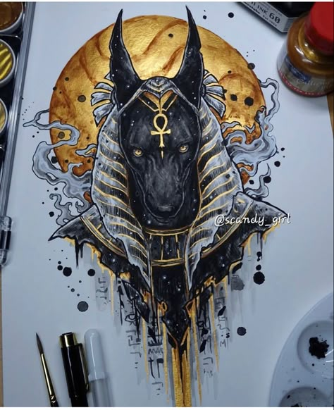 Bust Portrait, Anubis Tattoo, Bull Painting, Egypt Tattoo, Head Bust, Gold Tattoo, Ancient Egypt Art, Creepy Tattoos, Esoteric Art