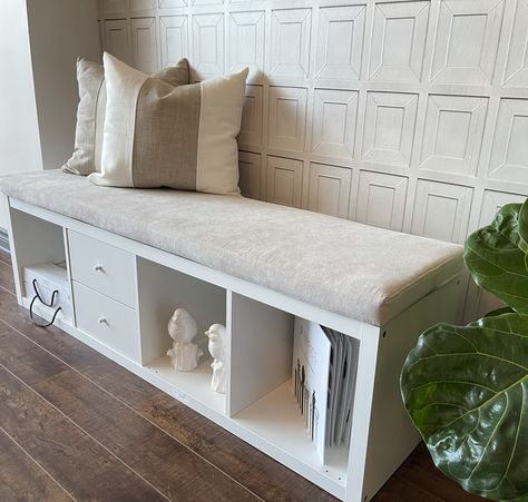 Hallway Storage Seat, Cushion Bench Seat, Ikea Hallway Bench, Custom Storage Bench, Kallax Bench Hack, Built In Hallway Storage, Hallway Seating Ideas, Kallax Window Seat, Ikea Kallax Bench