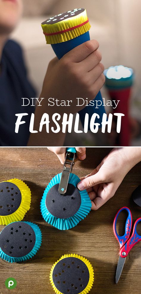 Light up their imaginations like the starry night sky! All you need to turn a regular flashlight into a glowing display is black construction paper, cupcake liners from Publix, rubber bands, a glue stick, scissors, and a star-shaped hole punch. It is the perfect five-minute craft to create hours of fun adventures. #flashlight Paper Cupcake Liners, Diy Star, Black Construction Paper, Fun Adventures, The Starry Night, Hairstyles Updo, Glue Stick, Preschool Science, Paper Cupcake