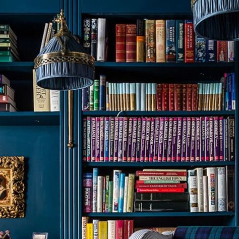 Barr Joinery on Instagram: "Glossy dark blue bookcases are hand-finished and lit by integrated pierced brass lamps. Beautifully detailed shelved panelling reflects the property's Queen Anne architecture.​​​​​​​​​ Photography: @jonathanbondphotography Interior design: @samanthatodhunterdesign #samanthatodhunterdesign #bookcase #bookcasestyling #bookcases #bookcasedecor" Dark Blue Bookcase, Queen Anne Architecture, Blue Bookcase, Brass Lamps, Bookcase Styling, Bookcase Decor, Brass Lamp, Queen Anne, Joinery