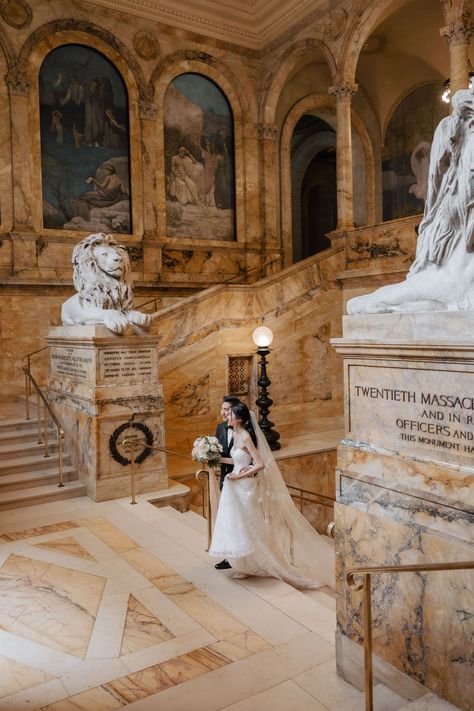 Ny Public Library Wedding, Wedding At A Museum, Boston Library Wedding, Boston Public Library Photoshoot, Boston Public Library Engagement Photos, Museum Wedding Aesthetic, Library Weddings, Wedding Museum, Boston Elopement