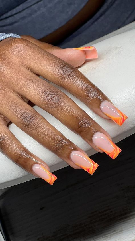 Non Gel Nail Designs, Orange Tips Nails, Classy Work Nails, Marble Nails Design, Orange French Tip, Acrylic And Gel Nails, Orange Acrylic Nails, Orange Marble, Acrylic Toe Nails