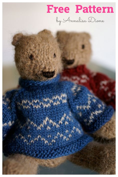 Bear in Sweater Free Knitting Pattern Knitted Bear Pattern, Knitting Bear, Knitted Bear, Knit Animals, Teddy Bear Patterns Free, Teddy Bear Knitting Pattern, Teddy Bear Sweater, Bear Patterns Free, Knitted Teddy Bear