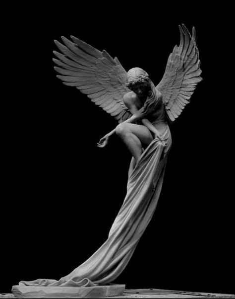 An Angel, Black Background, Angel, Black White, Statue, Writing, Black And White, White, Black