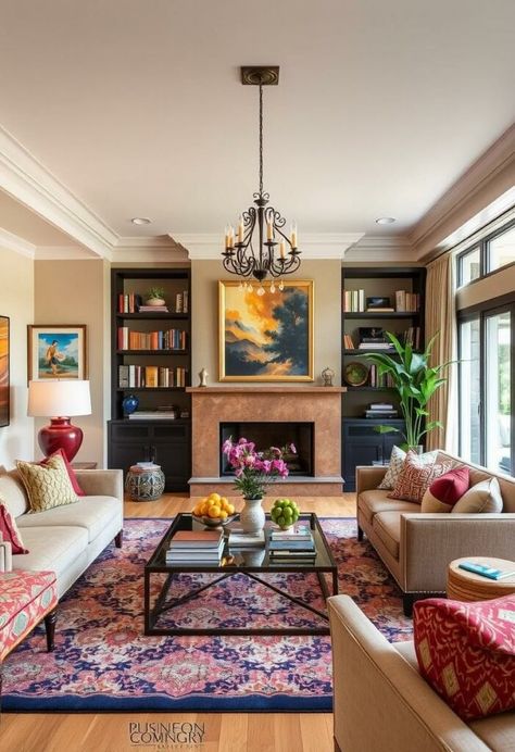 30 Stunning and Colorful Living Room Ideas You Haven’t Seen Before! Celebrity Living Rooms, Corner In Living Room Ideas, Colorful Transitional Living Room, Living Room Inspiration Colorful, Colorful Minimalist Living Room, Step Down Living Room Ideas, Eclectic Traditional Living Room, Colorful Living Room Ideas, Colorful Living Room Bright