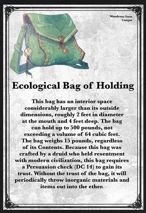 Bob The Bag Of Holding Dnd, Dnd Druid Magic Items, Dnd Common Magic Items, Dnd Magic Book Item, Plant Magic Items Dnd, Graphic Art Tattoo, Dnd 5e Druid Magic Items, Dnd Herbalism Kit, Bag Of Holding Dnd