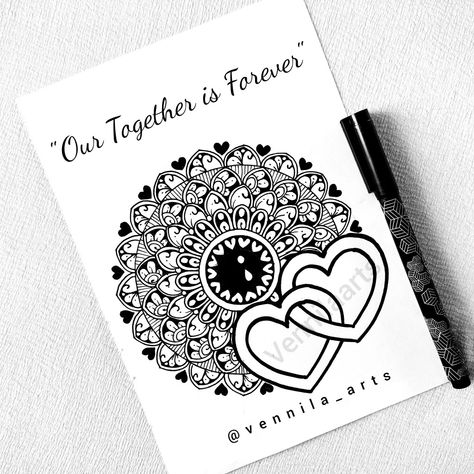 Valentine's Day Mandalas, Mandala Heart Drawing, Mandala Art For Wedding Gift, Mandala Art Couple Design, Love Mandala Art Easy, Mandala Art For Boyfriend, Wedding Mandala Art, Couple Mandala Art With Quotes, Anniversary Mandala Art