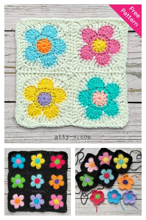 Flower Power Square Free Crochet Pattern Crochet Flower Granny Square Pattern, Crochet Granny Square Pattern, Granny Square Pattern Free, Crochet Flower Squares, Granny Square Crochet Patterns Free, Granny Square Pattern, Crochet Granny Square Blanket, Crochet Hexagon, Crochet Daisy