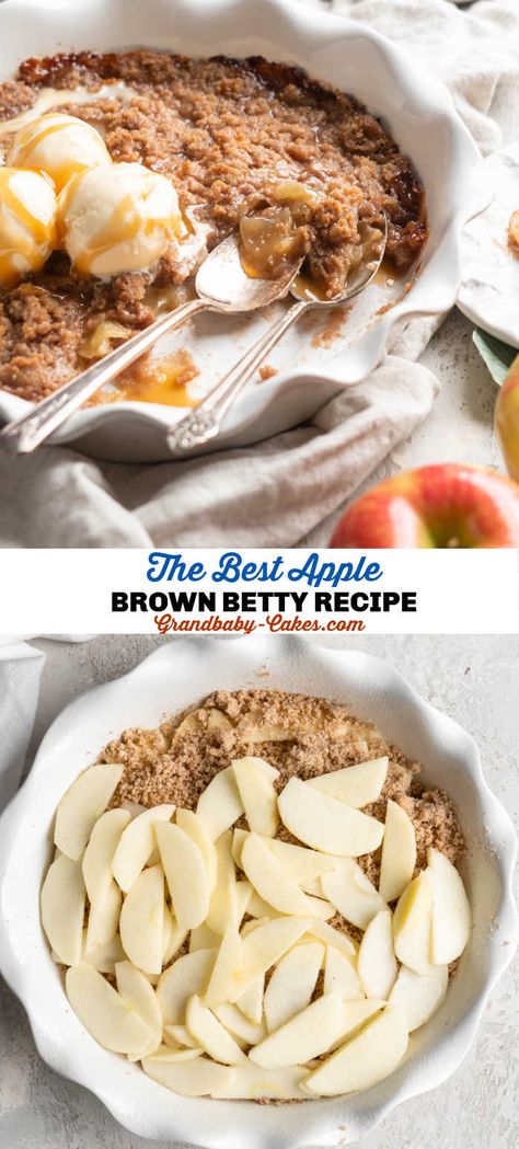 Sweet, tart, and juicy apples coated in spice and layered with buttery crisp crumble! Apple Brown Betty is a great use for fresh apples and the perfect Autumn breakfast or dessert! #applepie #apple #appledessert #falldessert #applebrownbetty #applecobbler #applecrisp #applecrumble Apple Betty Recipe, Apple Brown Betty Recipe, Brown Betty Recipe, Apple Betty, Apple Sweets, Apple Brown Betty, Meghan Wedding, Autumn Breakfast, Apple Crisps