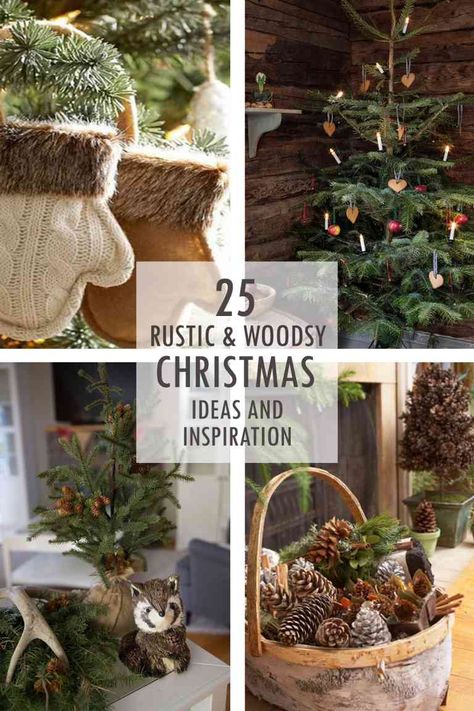 Rustic and Woodsy Christmas Ideas and Inspiration - Tidbits Natal, Rustic Christmas Decorations Living Room, Diy Rustic Christmas Ornaments, Woodland Themed Christmas, Rustic Christmas Tree Ideas, Woodsy Christmas, Arbutus Tree, Cabin Christmas Decor, Rustic Christmas Decorations