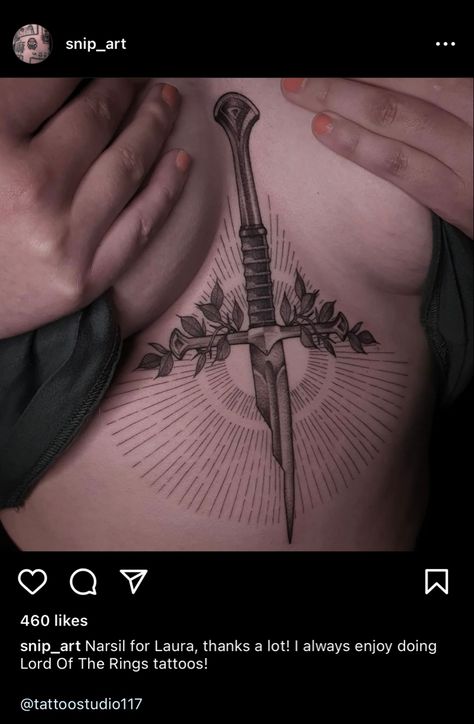 Astarion Back Tattoo, Chest Dagger Tattoo, Sternum Tattoo Dagger, Astarion Tattoo Idea, Ace Of Swords Tattoo, Dagger Back Tattoo, Dagger Chest Tattoo Female, Dagger Sternum Tattoo, Tattoo Underbust