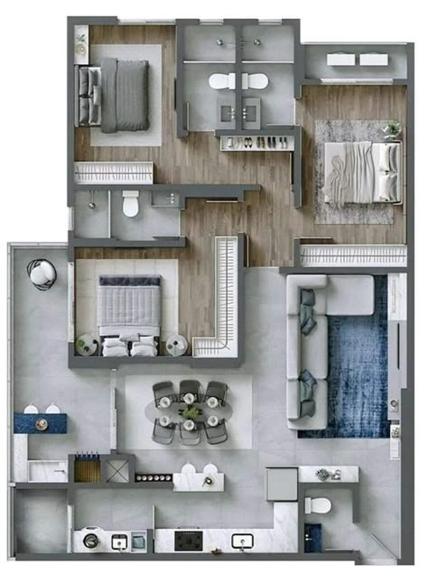 Small Apartment Floor Plans, Small House Blueprints, Three Bedroom House Plan, Modern House Floor Plans, Pool House Plans, Small House Layout, House Floor Design, Apartment Floor Plans, Home Design Floor Plans