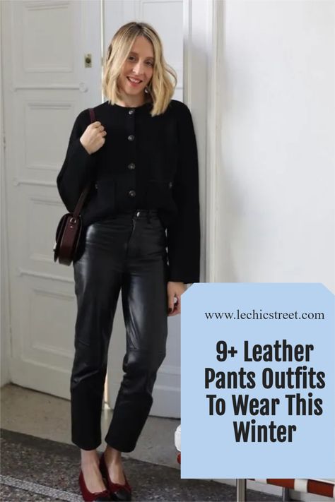 9+ Leather Pants Outfits To Wear This Winter. Chic Leather Pants Outfits To Wear Now. Leather pants outfit to try out for the winter fashion. Plenty of winter outfit and leather pants outfits to try out for the winter. Leather pants outfit winter is perfect for the leather pant outfit casual. Chic inspo for winter fashion with leather pants. #leatherpantsoutfit #leatherpantoutfit #leatherpantsoutfitwinter #winteroutfits #winterfashion Leather Pants Velvet Top, Leather Pant Date Night Outfit, All Black Going Out Outfit Winter, Casual Outfits Leather Pants, Style Wide Leg Leather Pants, Suede And Leather Outfit, Black Leather Pants Outfits For Women, Leather Leggings Outfit Christmas Party, Black Velvet Jeans Outfit