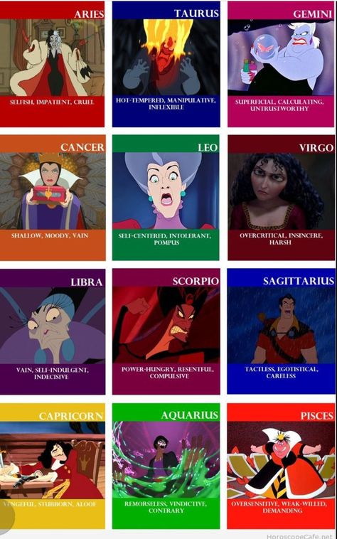 #zodiac #signs #disney #villains #horoscope Zodiac Sign Fashion, Zodiac Signs Virgo, Zodiac Personalities, Zodiac Society, Zodiac Signs Horoscope, Zodiac Signs Funny, Zodiac Memes, Zodiac Signs Astrology, Zodiac Star Signs