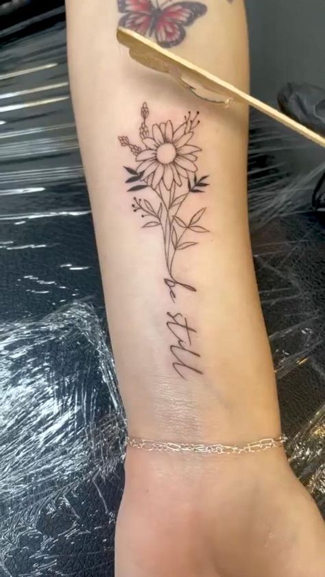 Small Tattoos Wrist, Daisy Flower Tattoo, Tattoos To Honor Mom, Inner Wrist Tattoos, Enough Tattoo, Simple Forearm Tattoos, Forearm Flower Tattoo, Inner Forearm Tattoo, Inner Arm Tattoo