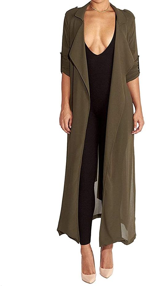 Begonia.K Women's Long Sleeve Chiffon Lightweight Maxi Sheer Duster Cardigan (Army Green, X-Large) at Amazon Women’s Clothing store Duster Outfit, Sheer Duster, Euphoria Clothing, Chiffon Coat, Chiffon Cardigan, Mode Abaya, Maxi Cardigan, Long Road, Duster Cardigan