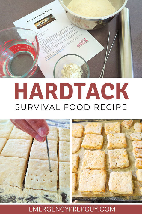 Ingredients and steps for how to make hardtack, a simple bread recipe often used as a survival food for long-term storage. Emergency Bread, Hard Tack Recipe, Emergency Food Storage, Power Bars, Emergency Food, Survival Food, Easy Going, Camping Survival, Canned Food