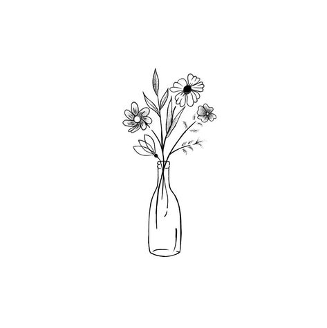 Birth Flower Tattoos In Vase, Small Flower Vase Tattoo, Flowers In Vase Line Drawing, Daisy In Vase Tattoo, Flower In A Jar Drawing, Flower Vase Line Art, Line Work Flower Bouquet Tattoo, Flowers In Vase Tattoo Simple, Minimalist Flower Vase Tattoo