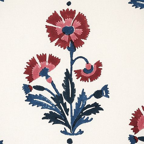 Dianthus Hand Block Print - Indigo & Iron Fabric | Schumacher Blue Wallpaper For Bedroom, Flower Block Print, Block Print Wallpaper, Floral Lampshade, Flame Test, Mughal Art, Navy Wallpaper, Indian Patterns, Schumacher Fabric