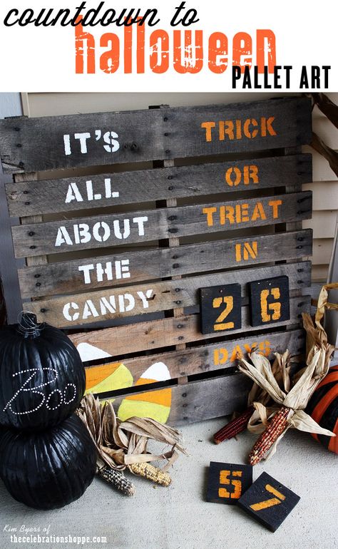 Countdown To Halloween Pallet Calendar | TheCelebrationShoppe.com Halloween Pallet Signs, Halloween Pallet Projects, Pallet Halloween Decorations, Halloween Pallet, Pallet Halloween, Pallet Pumpkin, Countdown To Halloween, Pallet Home Decor, Halloween Countdown