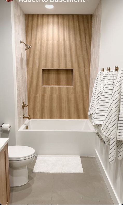 Shower Wall And Floor Tile Same, Toilet And Tub Room, Wood Porcelain Tile Bathroom Shower Walls, Regular Bathroom Ideas, Small Bath Update, Master Shower Next To Toilet, Bath Tub Insert With Tile, Small Bathroom Wood Tile, Shower With Soffit