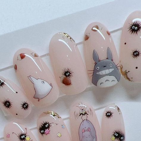 Nail Designs Pokemon, My Neighbor Totoro Nails, Chihiro Nails, Japanese Nail Art Kawaii, Totoro Nail Art, Studio Ghibli Nail Art, Aesthetic Nails Short, Almond Nails Blue, Totoro Nails