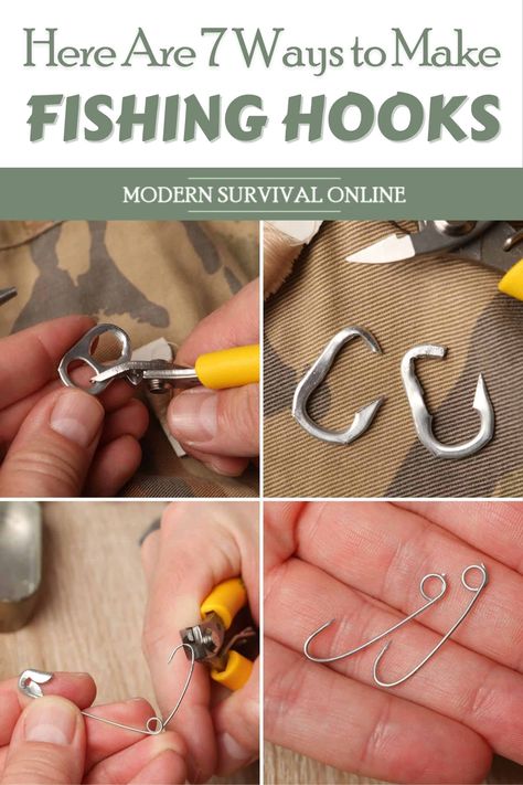 diy fishing hooks pinterest Homemade Fishing Pole, Fishing Hacks Diy, Survival Crafts, Survival Fishing Kit, Diy Fishing Bait, Diy Fishing Gear, Diy Fishing Rod, Dream Homestead, Survival Pack