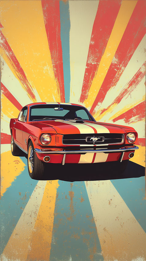 A vintage Ford Mustang in a vibrant red color with a white stripe down the center, set against a background of colorful radial lines in yellow, blue, and red. The car is depicted in a retro art style. Vintage Car Drawing, Retro Eye, Vintage Mustang, Old Muscle Cars, 1965 Mustang, Classic Car Restoration, Car Poster, Car Restoration, Painting Inspo