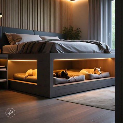 Bed Frames With Dog Bed, Dog Under Bed Ideas, Built In Pet Bed, Dog Bed Under Bed Frame, Modern Pet Room, Diy Bed With Dog Bed Underneath, Bed Frame With Dog Bed Under, Space For Dogs In House, Under Bed Dog Bed