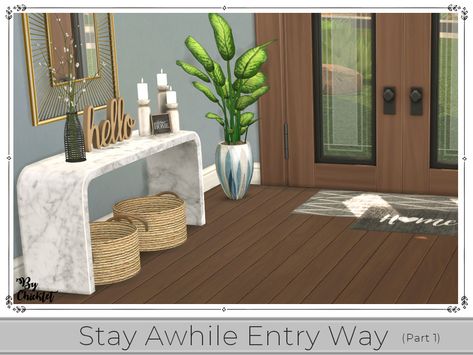 Sims 4 — Stay Awhile Entry Way (Part 1) by Chicklet — The Stay Awhile Entryway set is perfect for creating a warm and Sims 4 Cc Entry Way Clutter, Sims 4 Entry Way Ideas No Cc, Hallway Cc Sims 4, Sims 4 Cc Foyer, Hallway Ideas Sims 4, Sims 4 Hallway Decor, Chicklet Sims 4 Cc, Sims 4 Hallway Ideas No Cc, Sims 4 Cc Entrance Decor