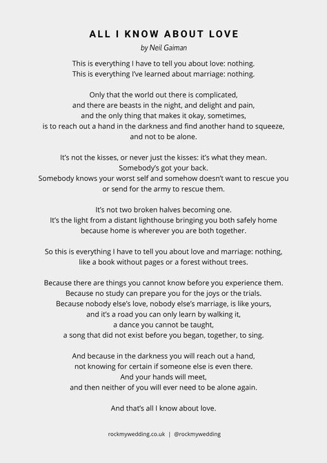 Wedding readings about love for every couple with romantic, funny, and reflective poems and readings including some from classic literature! All I Know About Love Neil Gaiman, Spiritual Wedding Readings, Philosophy On Love, Neil Gaiman Poems, Wedding Ceremony Readings For Friends, Unique Personal Wedding Touches, Love Poems For Wedding Ceremony Reading, Non Religious Wedding Readings, Wedding Readings Unique