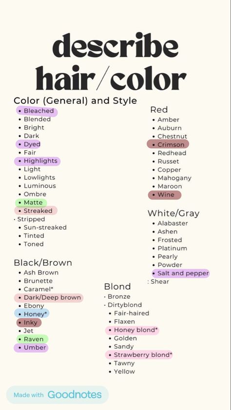 Adjectives For Characters, Character Bio Ideas, Outfit Descriptions Writing Cai, Ebony Hair Color, Character Scar Ideas, Physical Characteristics For Characters, Words For Book Titles, Brown Hair Description Writing, Hair Descriptions For Writing