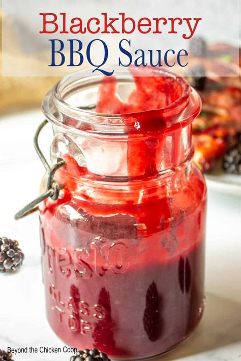 A delicious homemade BBQ sauce made with blackberries. Baste this blackberry BBQ sauce on grilled chicken or pork for a tasty meal. Jam Bbq Sauce, Blackberry Habanero Bbq Sauce, Blackberry Bbq Sauce Homemade, Blackberry Barbecue Sauce, Beet Bbq Sauce, Watermelon Bbq Sauce, Blackberry Canning Recipes, Canning Bbq Sauce Recipes, Blackberry Bbq Sauce Recipes