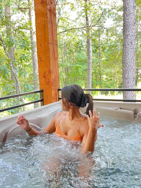 cabin | hot tub | swimsuit | forest | cabin in the woods | hot tub | #swim #cabin #hottub #forest Hot Tub Cabin Photoshoot, Cabin Birthday Photoshoot, Cabin Pics Insta, Cabin Inspo Pics, Hot Tub Poses Instagram, Cute Hot Tub Pictures, Hot Tub Pictures Poses Night, Hot Tub Instagram Pictures, Cabin Photoshoot Photo Ideas