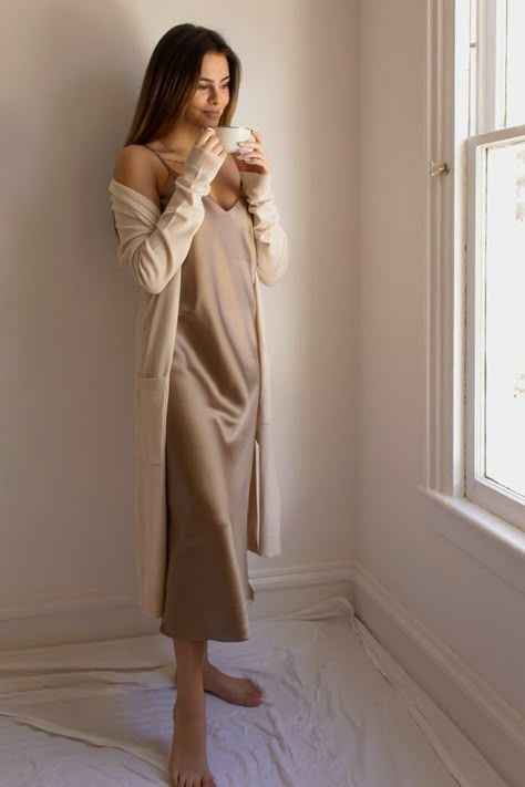 Cardigan Ootd, Loungewear Outfits, Open Front Sweater, Long Sweaters Cardigan, Neutral Fashion, Satin Slip, Satin Slip Dress, Home Outfit, Minimalist Outfit