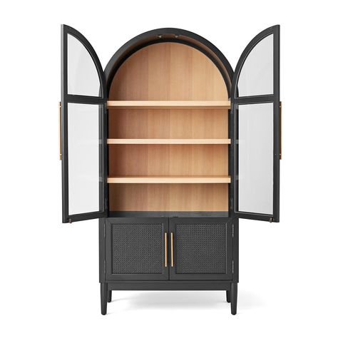 Member's Mark Enzo Bookcase Storage Cabinet With Rattan Cabinet Doors, Black Finish - Sam's Club Living Room Storage Cabinet Tall, Arch Bookshelf Cabinet, Curved Black Cabinet, Arched Bar Cabinet, Arched Storage Cabinet, Arched Black Cabinet, Enzo Bookcase, Romantic Houses, Rattan Cabinet Doors